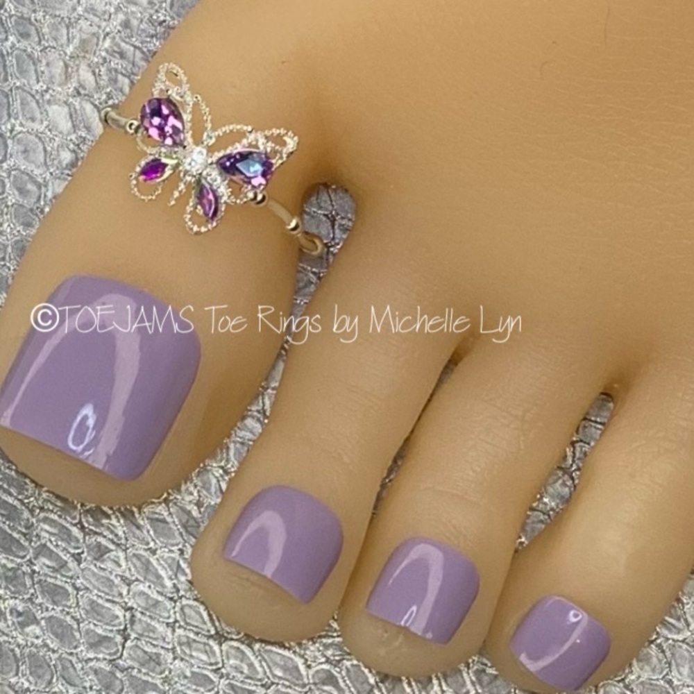 TOE RING BUTTERFLY Silver w/Purple Iridescent Crystal Wings Stretch Big Toe Ring